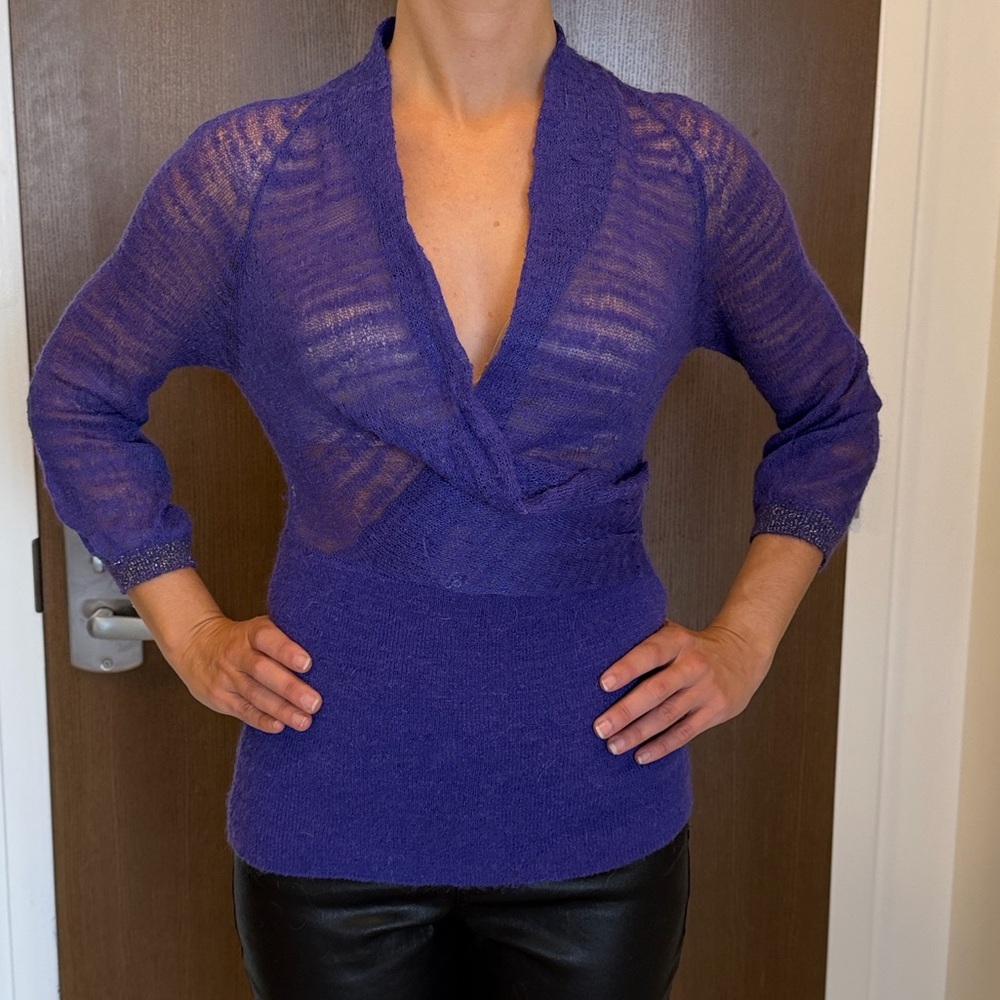 Armani Exchange Sheer Deep Purple V-Neck Sweater with metallic detail